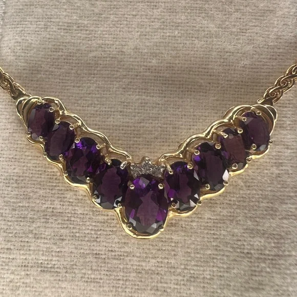 Solid 14k Yellow Gold Amethyst Diamond Flat Chain Necklace